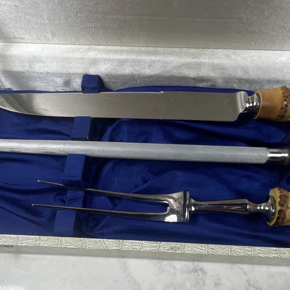 Vintage 3pc Carving Set Bamboo Wood Handles Knife Fork Steel w/ Case